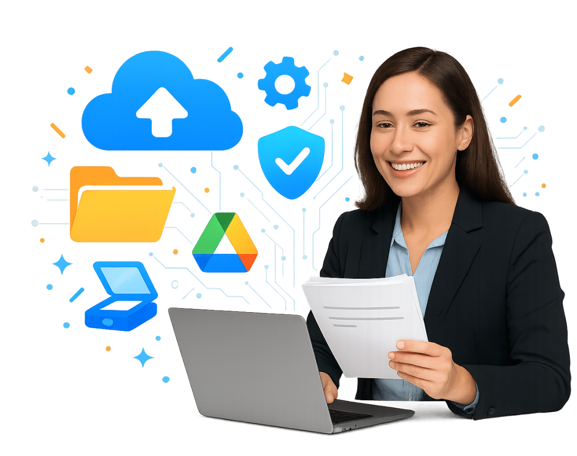 Brisbane AI filing chatbot collecting documents and storing them into organised drive folders.
